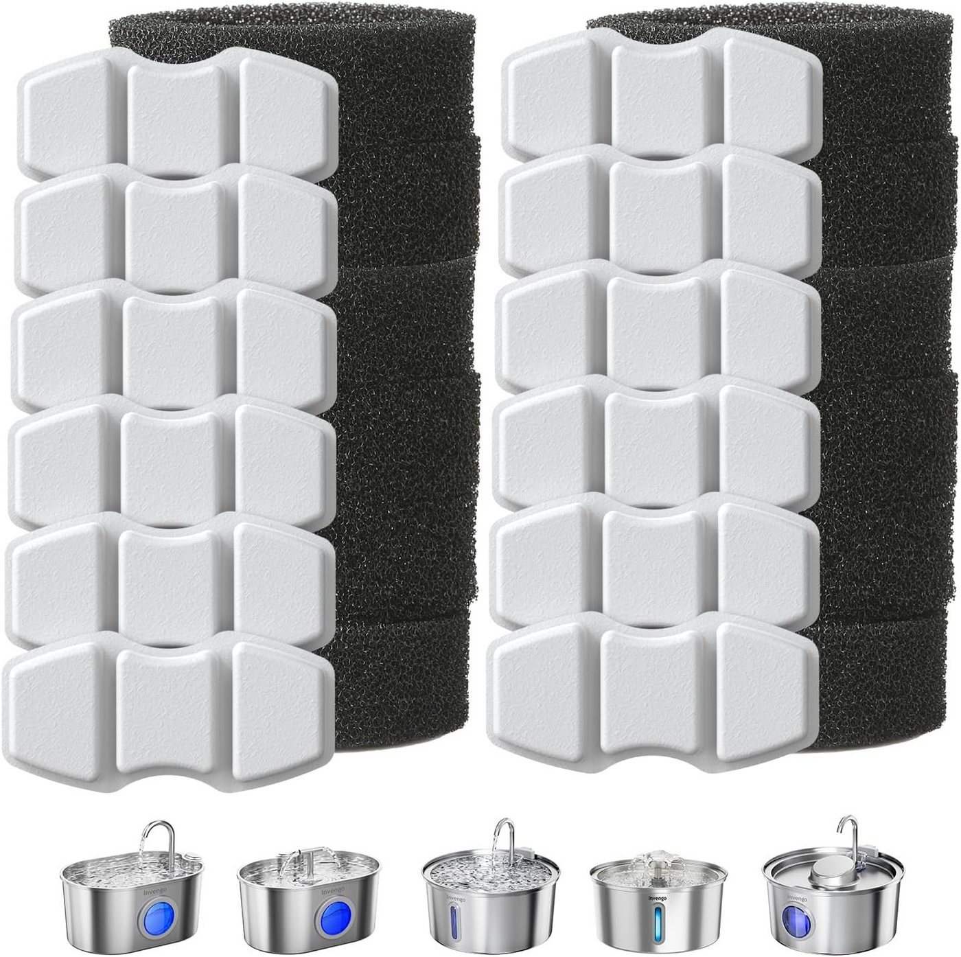Invengo Ersatzfilter Katzenbrunnen Filter Set 12 Kohlefilter 12 Schwämme kompatibel, Zubehör für Invengo MeowFlow E20 & MeowFlow Serie, Mehrstufige Filterstruktur mit Kohlefilter und Schwamm Vorfilter Bild 2