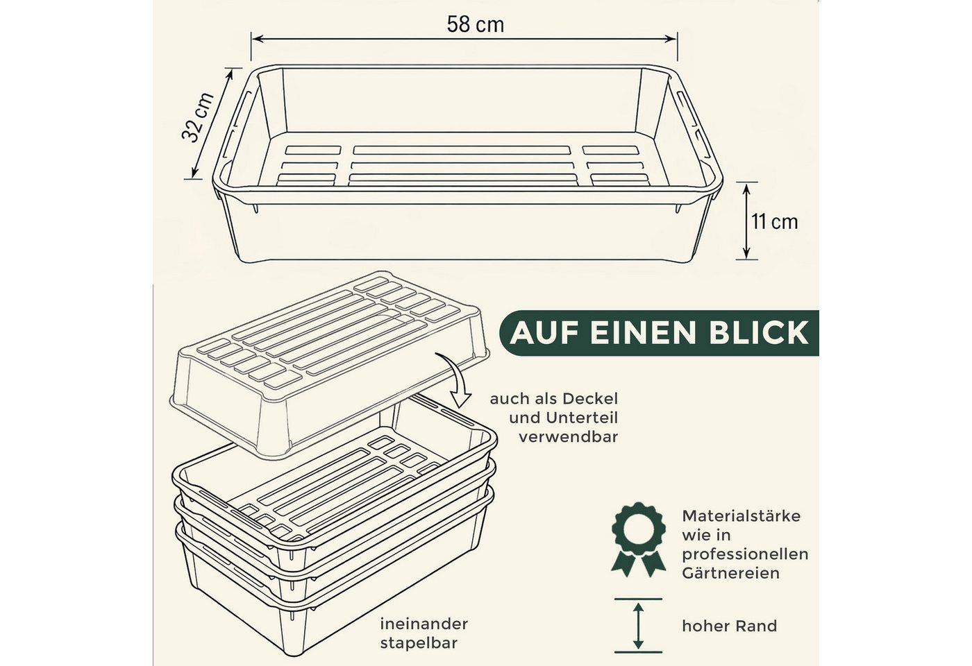 Hausfelder Pflanzschale Pikierschale, Anzuchtschale Grün, 32x58x11cm, 10 Sttück (10er Set, 10 St), als Pflanzwanne, Blumenkasten oder Anzuchtschale nutzbar Bild 5