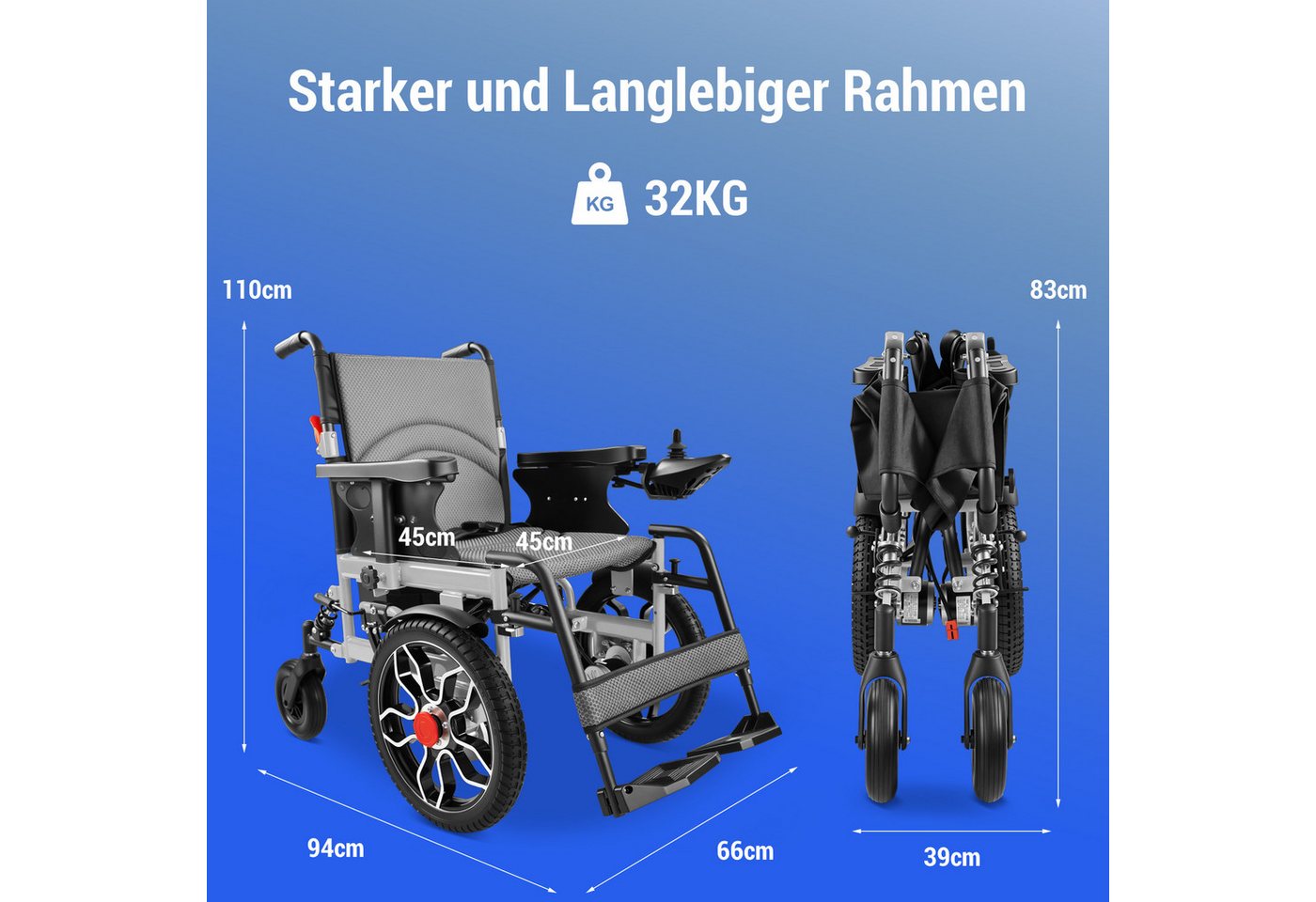 Vankel Elektrorollstuhl klappbar leicht elektr. Rollstuhl 500W, max.20 km max.150 kg, mit 360°-Joystick, 12° Steigfähigkeit & Anti-Kipp-Rädern