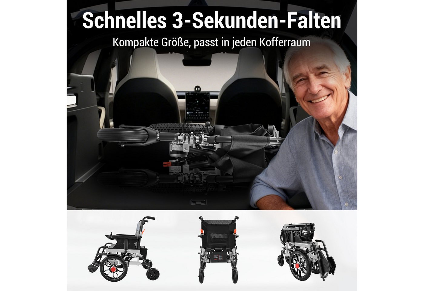 Vankel Elektrorollstuhl klappbar leicht elektr. Rollstuhl 500W, max.20 km max.150 kg, mit 360°-Joystick, 12° Steigfähigkeit & Anti-Kipp-Rädern Bild 4