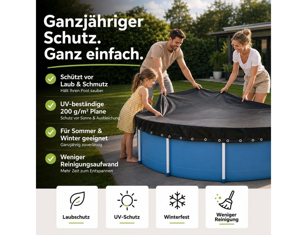 Gartiva® Poolüberdachung Poolabdeckplane rund schwarz – 200 g/m² Solar Poolplane UV-beständig