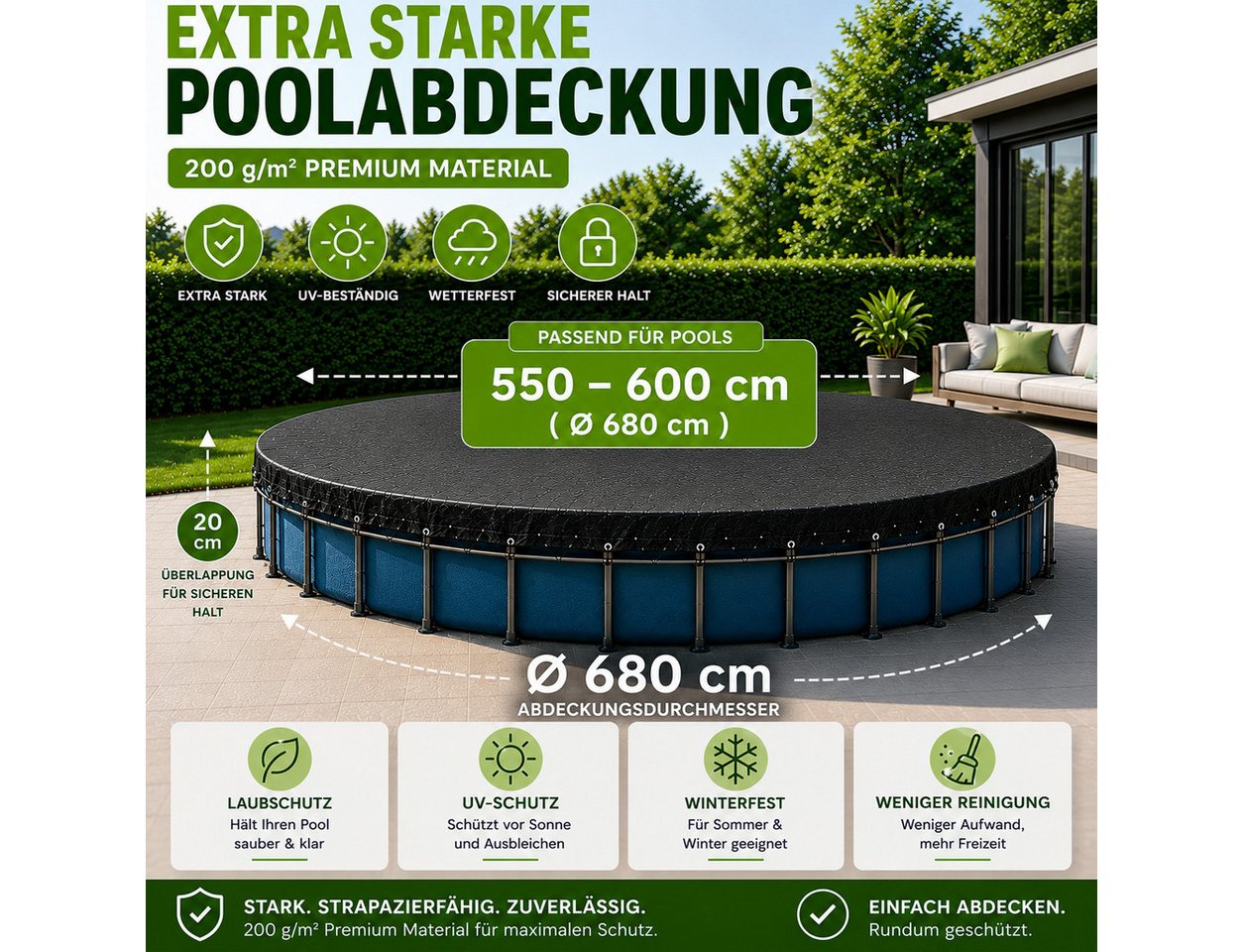 Gartiva® Poolüberdachung Poolabdeckplane rund schwarz – 200 g/m² Solar Poolplane UV-beständig Bild 2