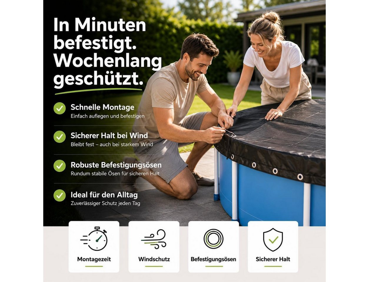 Gartiva® Poolüberdachung Poolabdeckplane rund schwarz – 200 g/m² Solar Poolplane UV-beständig Bild 4