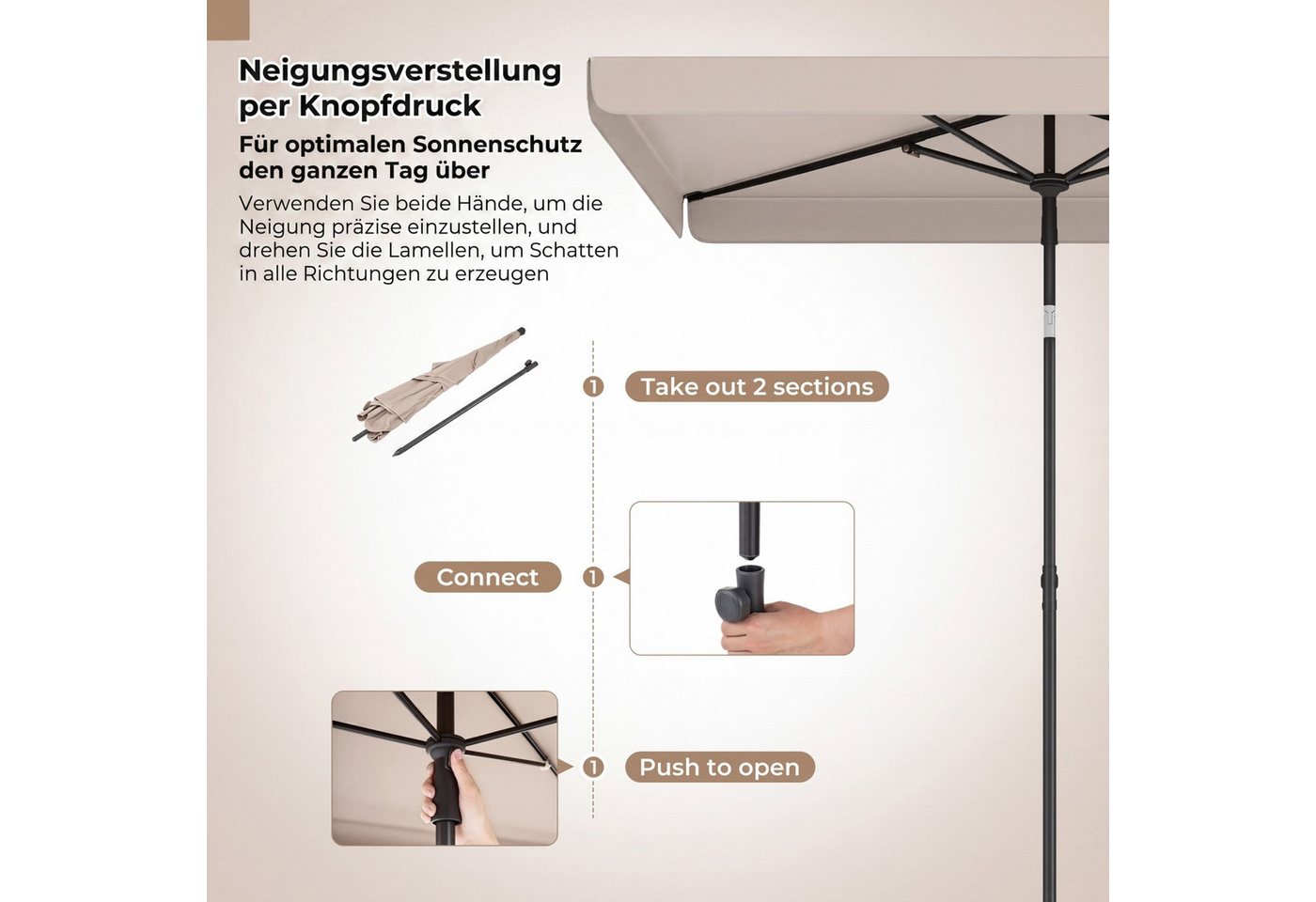 COSTWAY Sonnenschirm, LxB: 200x130 cm, Balkonschirm rechteckig, Gartenschirm Bild 3