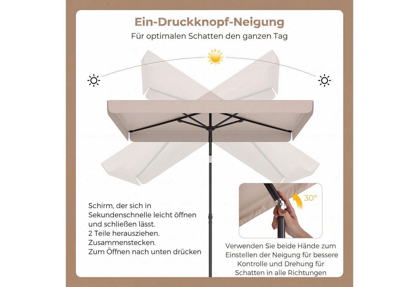 COSTWAY Sonnenschirm, LxB: 200x130 cm, Balkonschirm rechteckig, Gartenschirm Bild 5