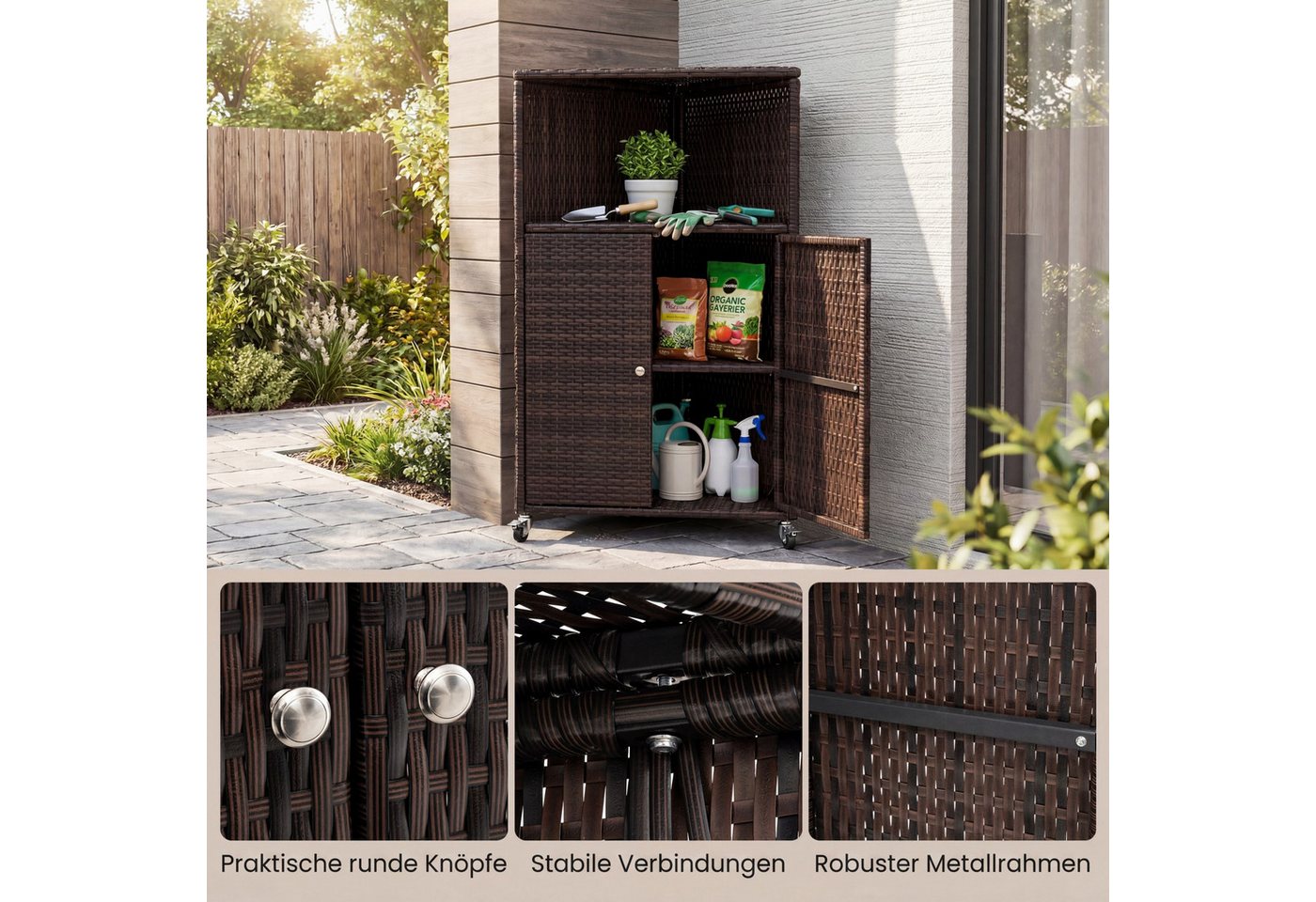 COSTWAY Garten-Geräteschrank, BxT: 47x66 cm, Terrassenschrank Rattan Ecke