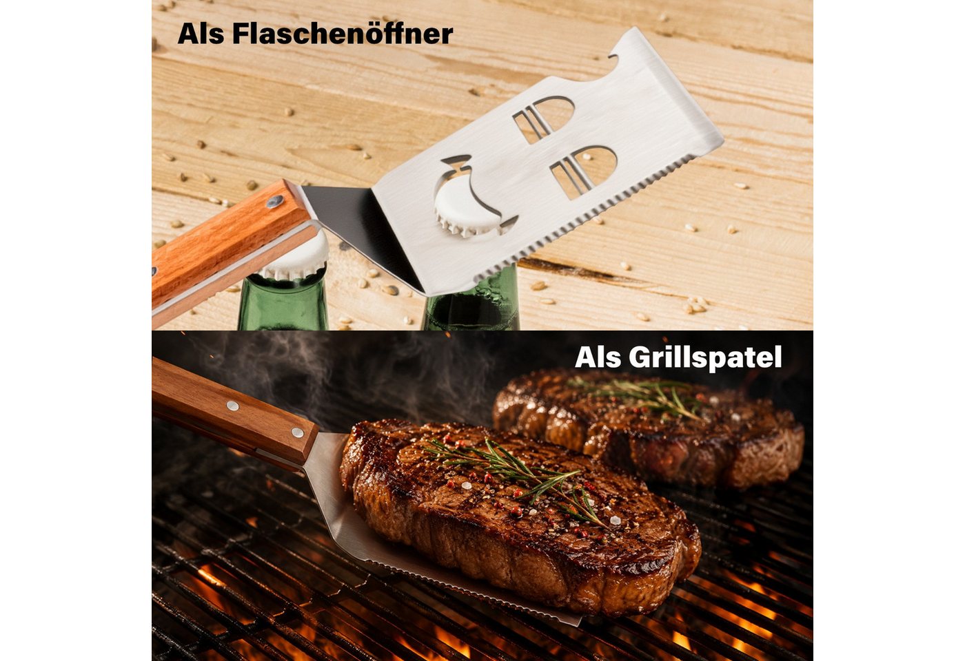 Cozyvibe Grillbesteck-Set 7 in 1 BBQ Grillspachtel mit Flaschenöffner, Camping & Grill Zubehör, (Grillwerkzeug Grillbesteck Edelstahl Holzgriff, Grillgeschenk Männer, 1 tlg., 1 Stück, ideal für Holzkohlegrill, Gasgrill und Grillplatte geeignet), Entworfen in Deutschland, 7-in-1 Multifunktion, bruchsicheres Z-Design