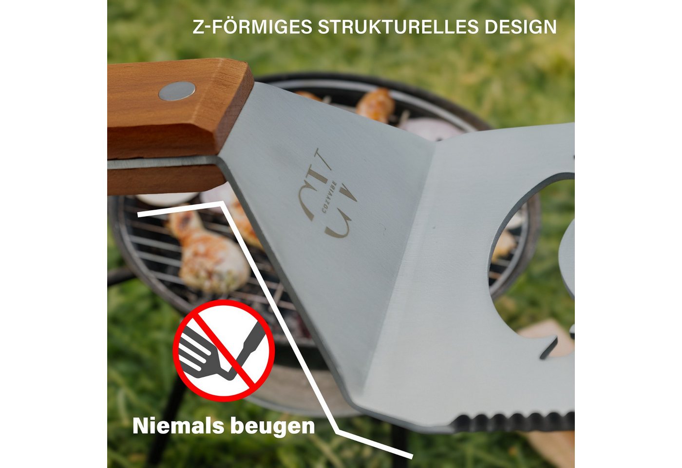 Cozyvibe Grillbesteck-Set 7 in 1 BBQ Grillspachtel mit Flaschenöffner, Camping & Grill Zubehör, (Grillwerkzeug Grillbesteck Edelstahl Holzgriff, Grillgeschenk Männer, 1 tlg., 1 Stück, ideal für Holzkohlegrill, Gasgrill und Grillplatte geeignet), Entworfen in Deutschland, 7-in-1 Multifunktion, bruchsicheres Z-Design Bild 2