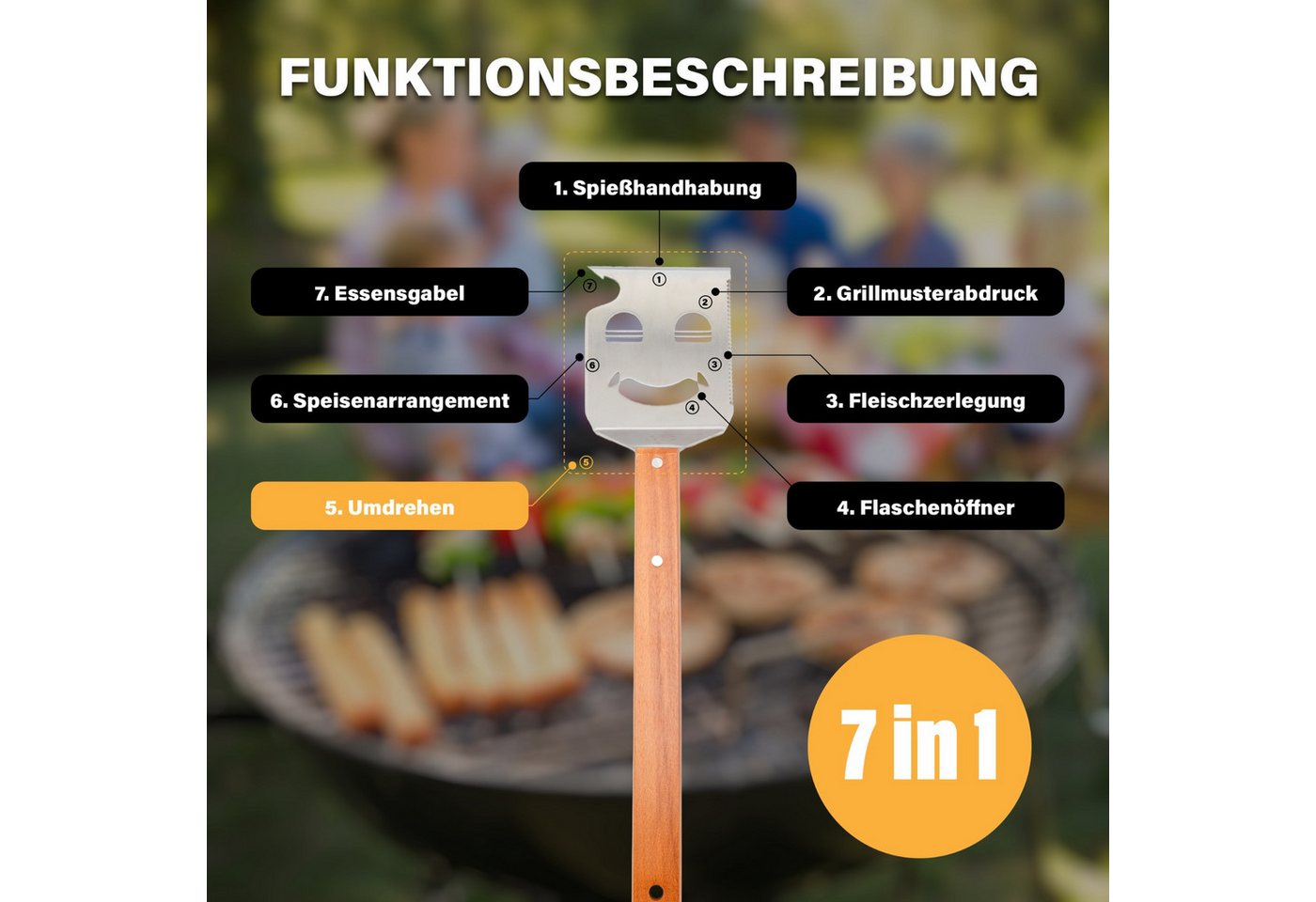 Cozyvibe Grillbesteck-Set 7 in 1 BBQ Grillspachtel mit Flaschenöffner, Camping & Grill Zubehör, (Grillwerkzeug Grillbesteck Edelstahl Holzgriff, Grillgeschenk Männer, 1 tlg., 1 Stück, ideal für Holzkohlegrill, Gasgrill und Grillplatte geeignet), Entworfen in Deutschland, 7-in-1 Multifunktion, bruchsicheres Z-Design Bild 3
