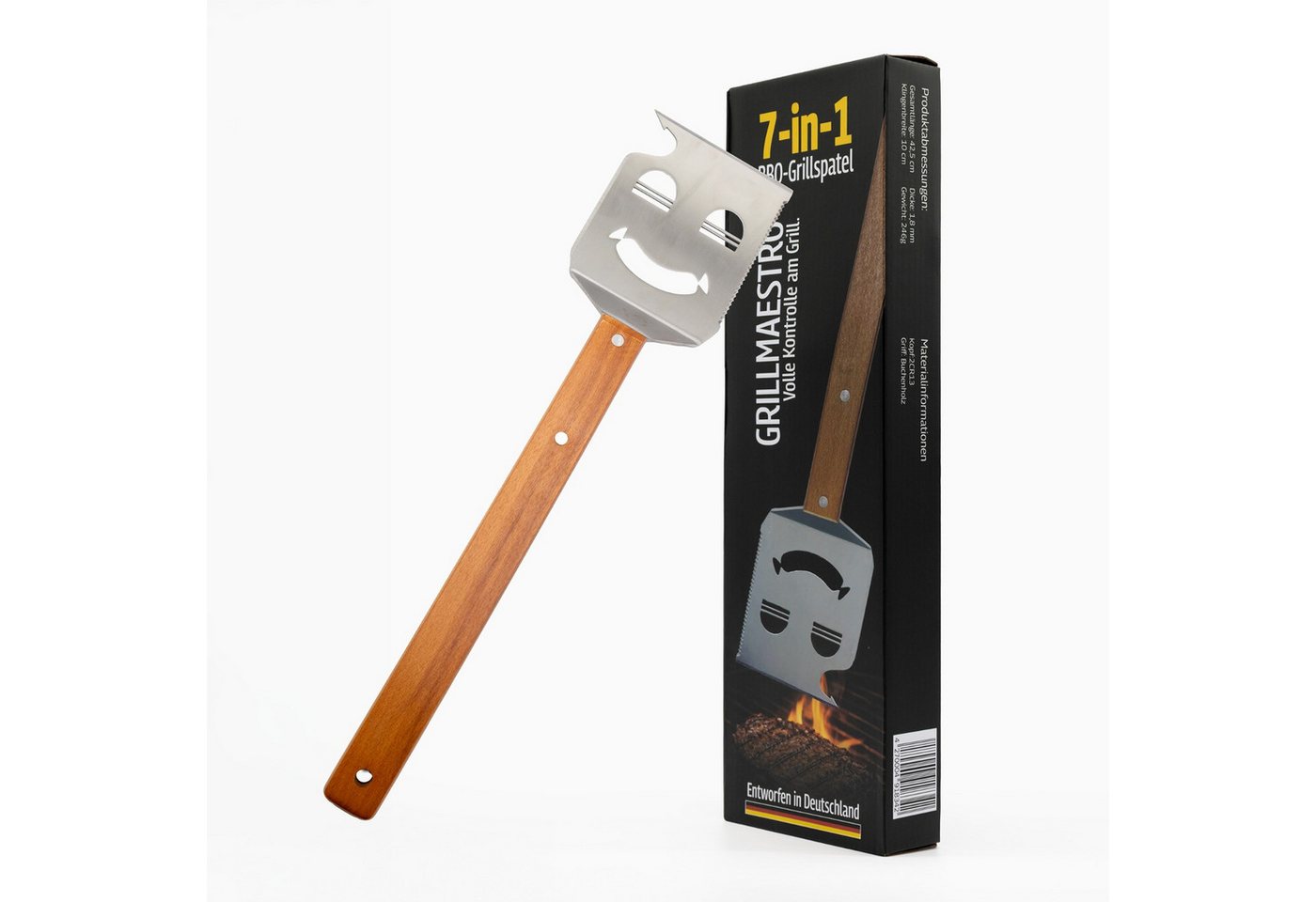 Cozyvibe Grillbesteck-Set 7 in 1 BBQ Grillspachtel mit Flaschenöffner, Camping & Grill Zubehör, (Grillwerkzeug Grillbesteck Edelstahl Holzgriff, Grillgeschenk Männer, 1 tlg., 1 Stück, ideal für Holzkohlegrill, Gasgrill und Grillplatte geeignet), Entworfen in Deutschland, 7-in-1 Multifunktion, bruchsicheres Z-Design Bild 4