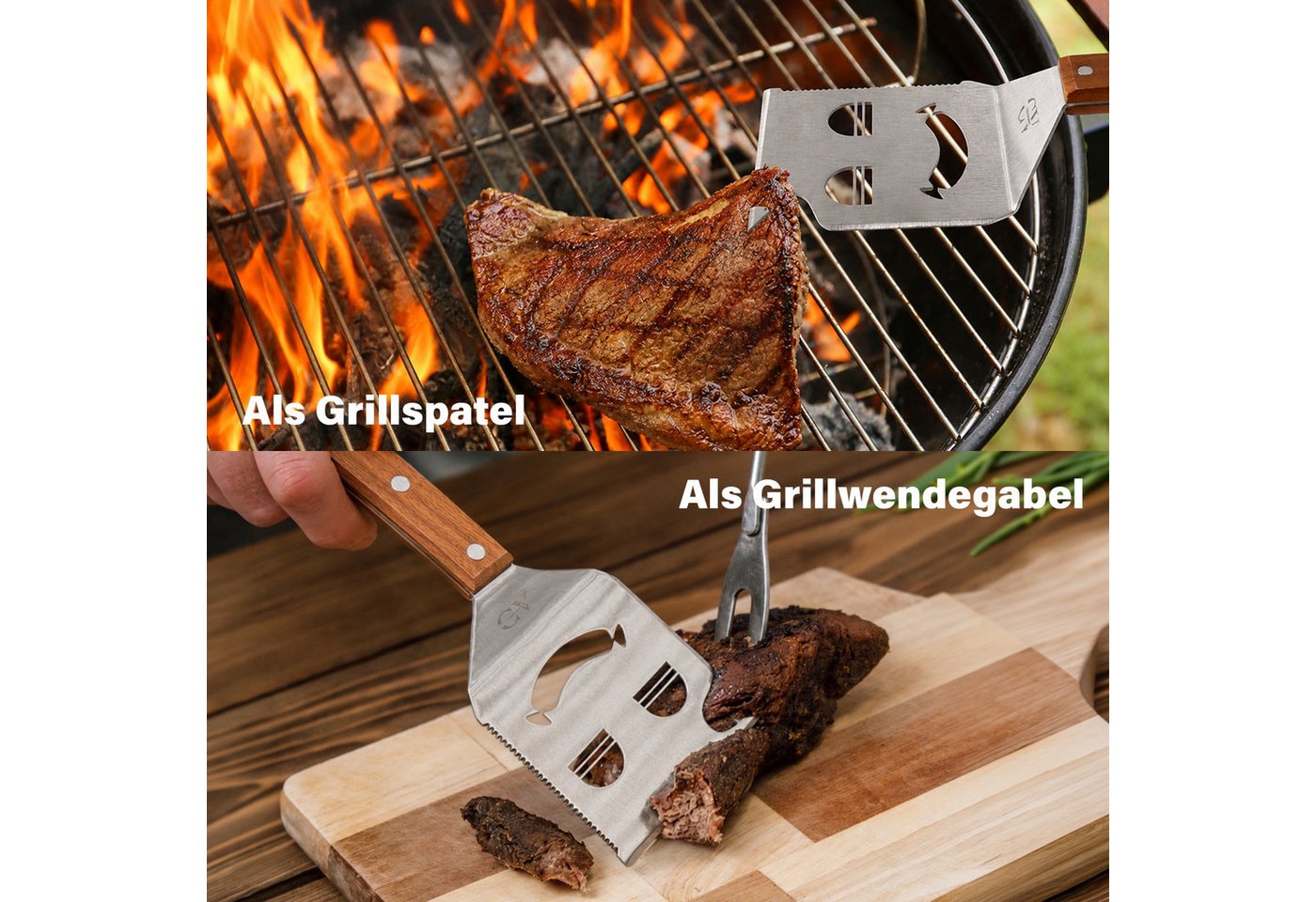 Cozyvibe Grillbesteck-Set 7 in 1 BBQ Grillspachtel mit Flaschenöffner, Camping & Grill Zubehör, (Grillwerkzeug Grillbesteck Edelstahl Holzgriff, Grillgeschenk Männer, 1 tlg., 1 Stück, ideal für Holzkohlegrill, Gasgrill und Grillplatte geeignet), Entworfen in Deutschland, 7-in-1 Multifunktion, bruchsicheres Z-Design Bild 5