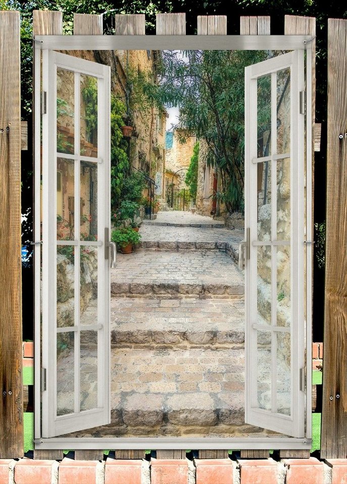 Wallario Sichtschutzzaunmatten Alte steinerne Gasse in Südfrankreich, mit Fenster-Illusion Bild 3
