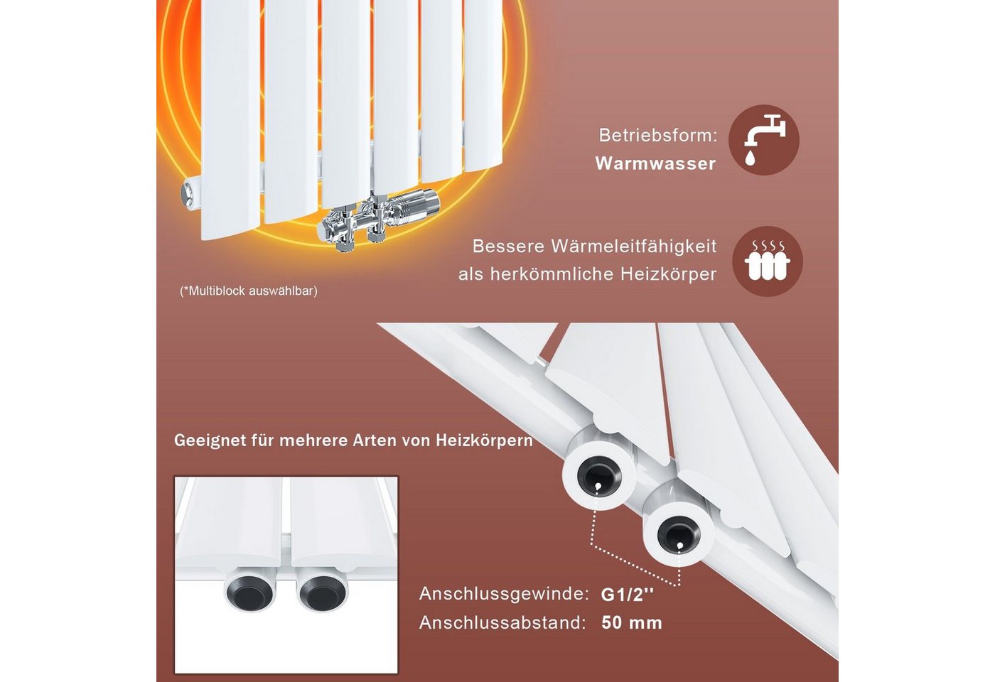 ELEGANT Heizkörper Design heizkörper Flach Vertikal Mittelanschluss Weiß, 1600/1800x311mm mit Multiblock, Warmwasser, Einlagig / Doppellagig