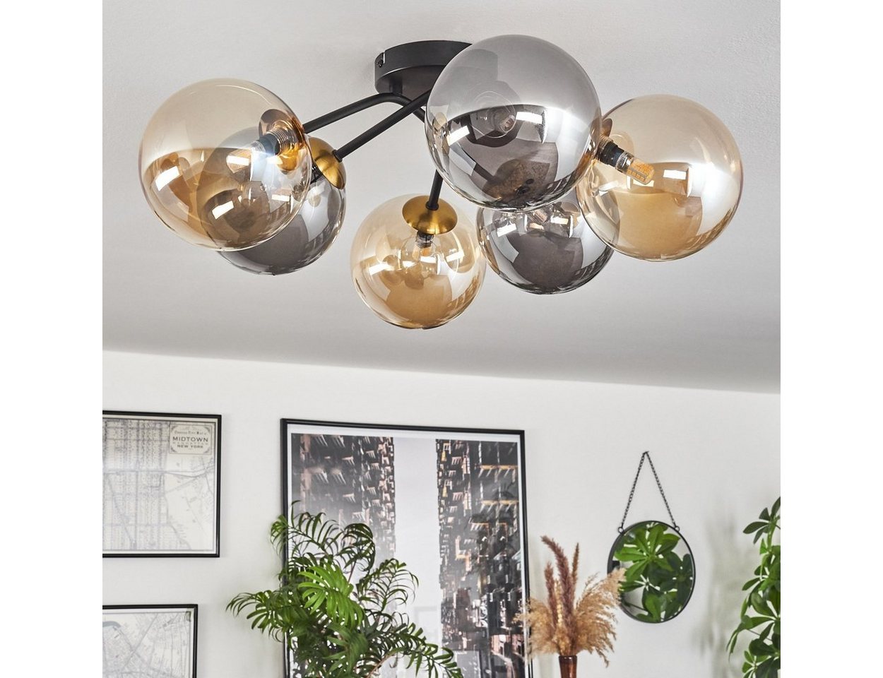 hofstein Deckenleuchte Deckenlampe aus Metall/Glas in Schwarz/Gold-/Rauch-/Bernsteinfarben, ohne Leuchtmittel, moderne Leuchte mit Glasschirmen (15 cm), 6 x G9, ohne Leuchtmittel