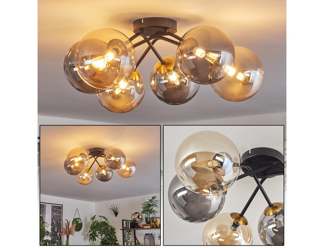 hofstein Deckenleuchte Deckenlampe aus Metall/Glas in Schwarz/Gold-/Rauch-/Bernsteinfarben, ohne Leuchtmittel, moderne Leuchte mit Glasschirmen (15 cm), 6 x G9, ohne Leuchtmittel Bild 3