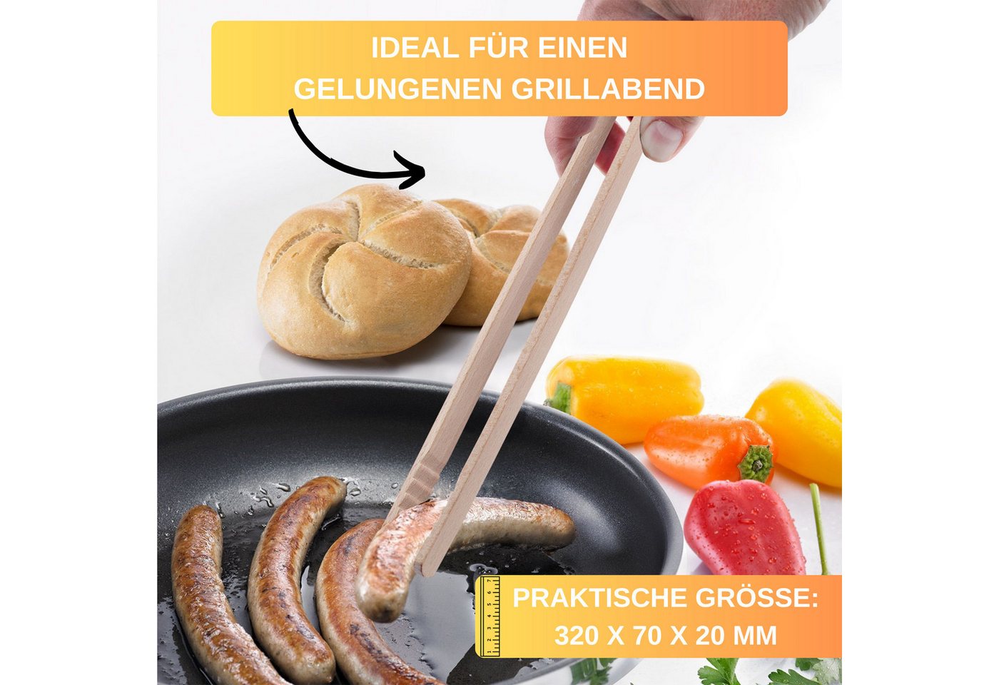 Thiru Grillzange 32 cm aus robustem Buchenholz mit Wellenprofil