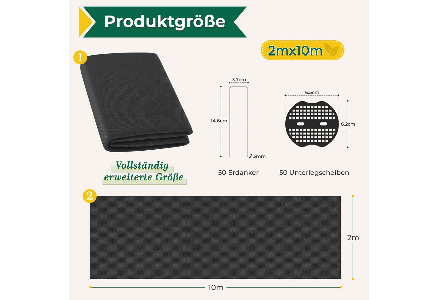 OUNUO Unkrautvlies Gartenvlies 100g/m² Wasserdurchlässig UV-beständig, 2m x10m mit 50 Erdanker