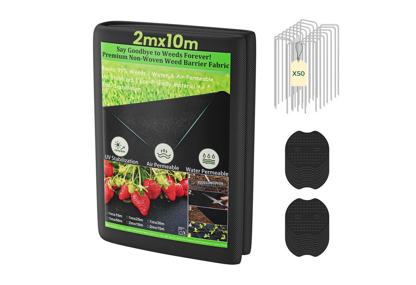 OUNUO Unkrautvlies Gartenvlies 100g/m² Wasserdurchlässig UV-beständig, 2m x10m mit 50 Erdanker Bild 5