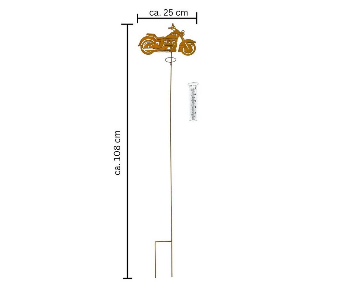 Dragimex Gartenstecker Gartenstecker Motorrad / Chopper mit Regenmesser – 108cm – Rostbraun