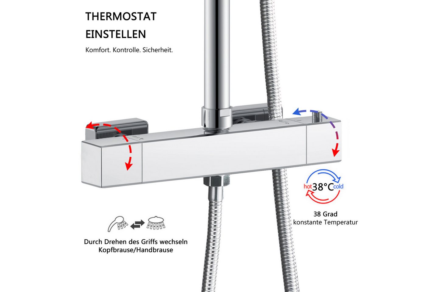 duschspa Duschsystem mit Thermostat, 2 Strahlart(en), 72-125 cm Duschstangen Edelstahl Duschamaturenset Wassersparend Bild 4