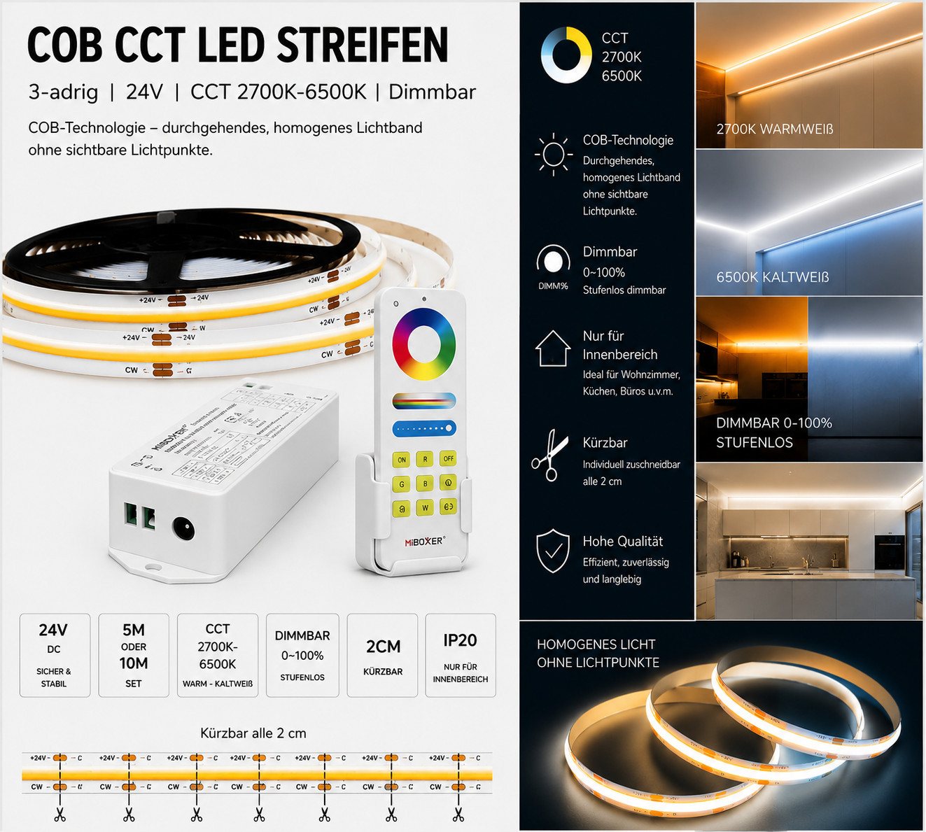 GTV LED Stripe 24V COB CCT LED Strip Punktfreie Durchgehende 2700K-6500K dimmbar, COB-Lichtlinie alle 2 cm kürzbar Set inkl. Touch-Fernbedienung Bild 4