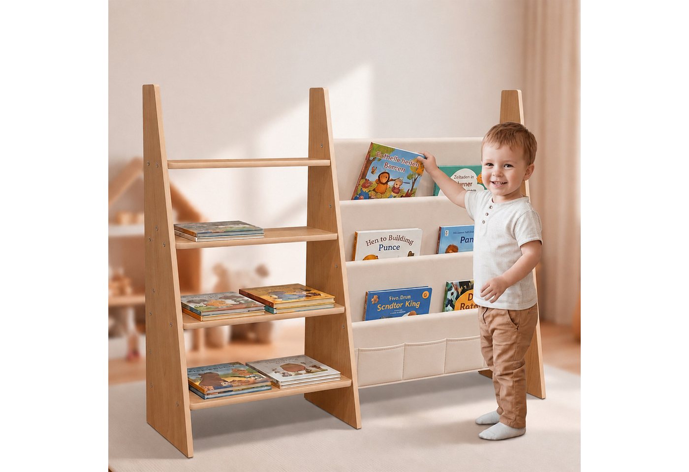 relaxdays Kinderregal Kinderbücherregal Stofftaschen & Ablagen