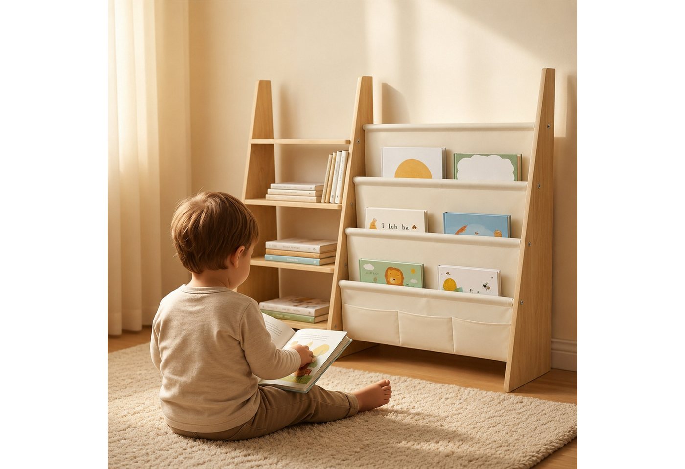 relaxdays Kinderregal Kinderbücherregal Stofftaschen & Ablagen Bild 3