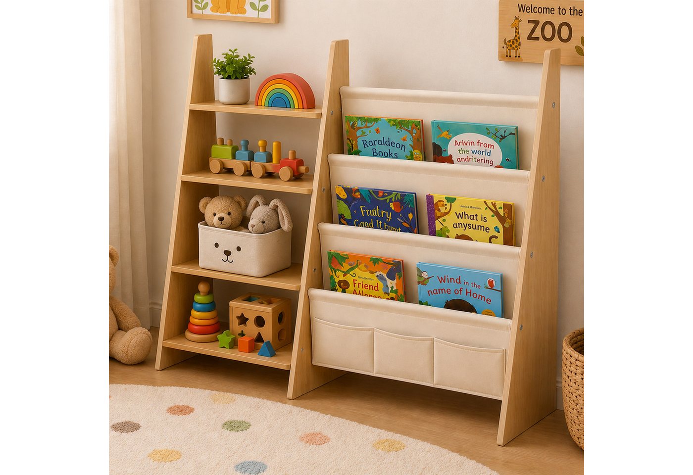 relaxdays Kinderregal Kinderbücherregal Stofftaschen & Ablagen Bild 4