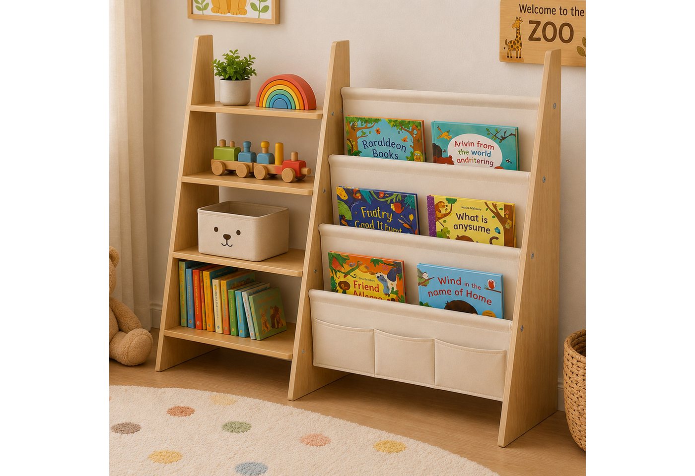 relaxdays Kinderregal Kinderbücherregal Stofftaschen & Ablagen Bild 5