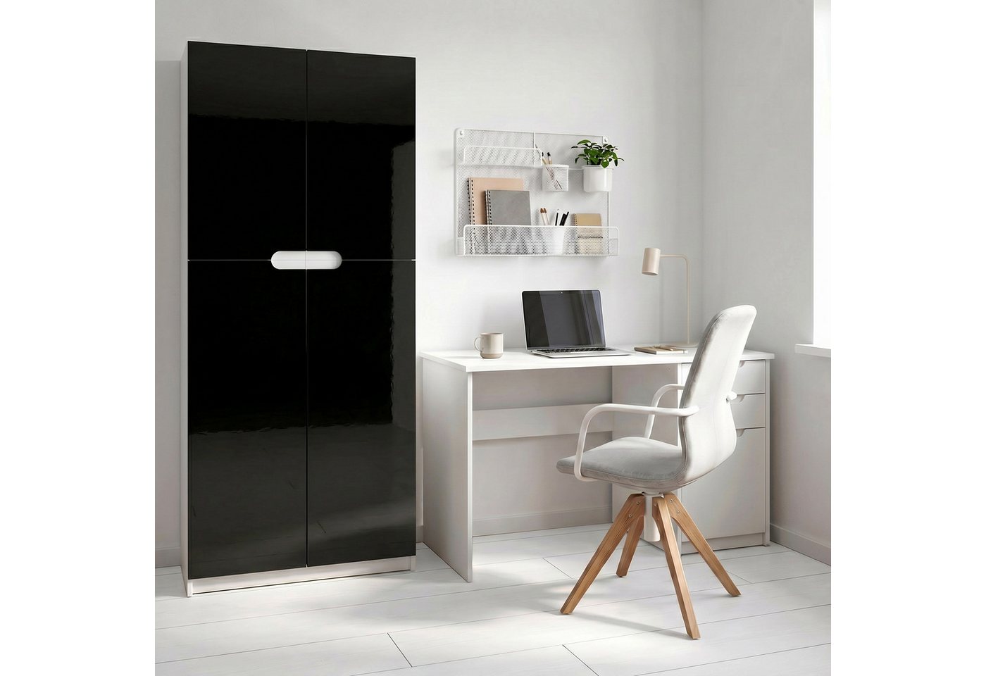 Vladon Aktenschrank Logan (Aktenschrank, mit 5 Fächern und 4 Türen) Weiß matt/Schwarz Hochglanz (82 x 184 x 37 cm) Bild 5