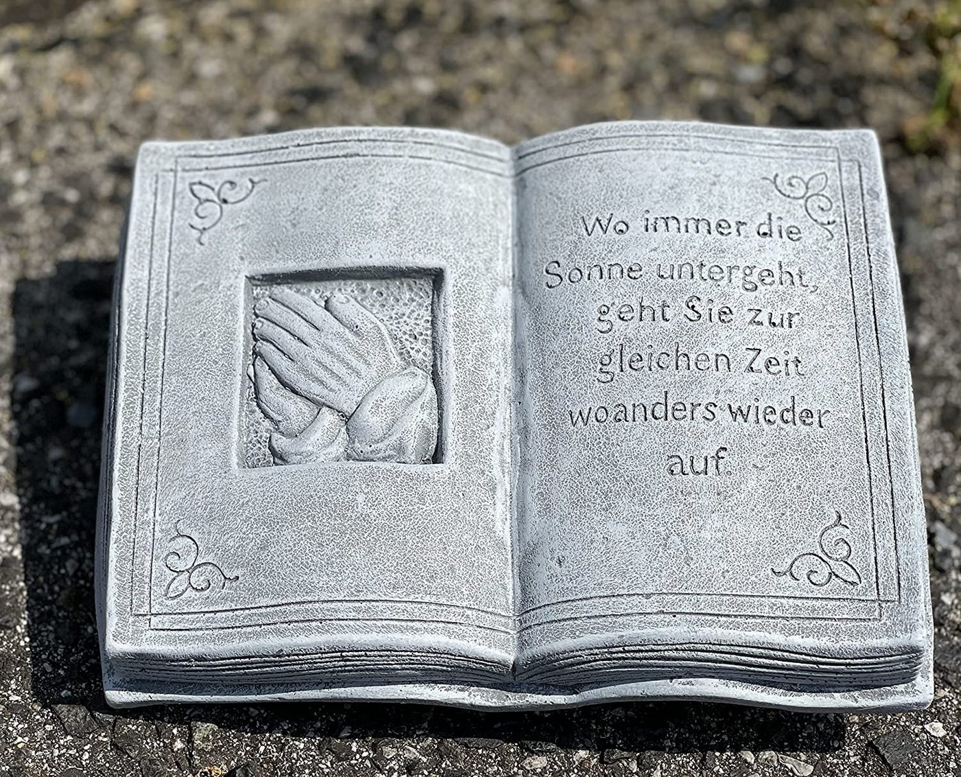 Stone and Style Gartenfigur Frostfester Grabschmuck Buch mit Sonne