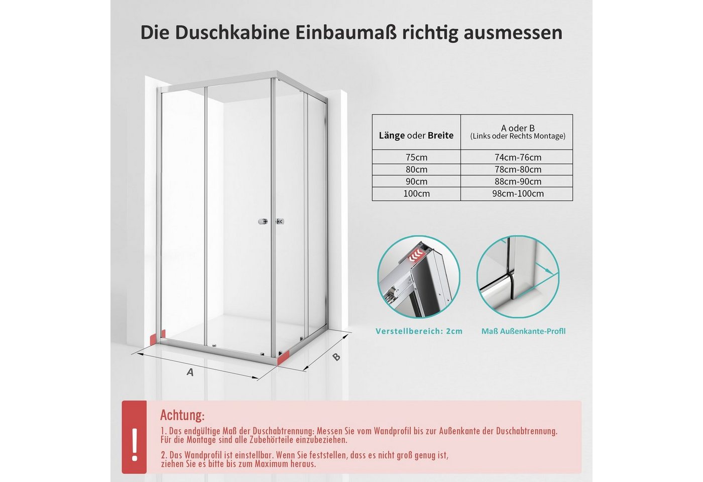 GOEZES Eckdusche Duschkabine 75x90 100x100 90x80 80x80 90x90 75x75 H:185cm, BxT: 75x90 cm, 5mm Sicherheitsglas, Eckeinstieg Dusche mit schiebetüren, Variabel Aluprofil, Schnellfreigabefunktion, Links und Recht montierbar Bild 3