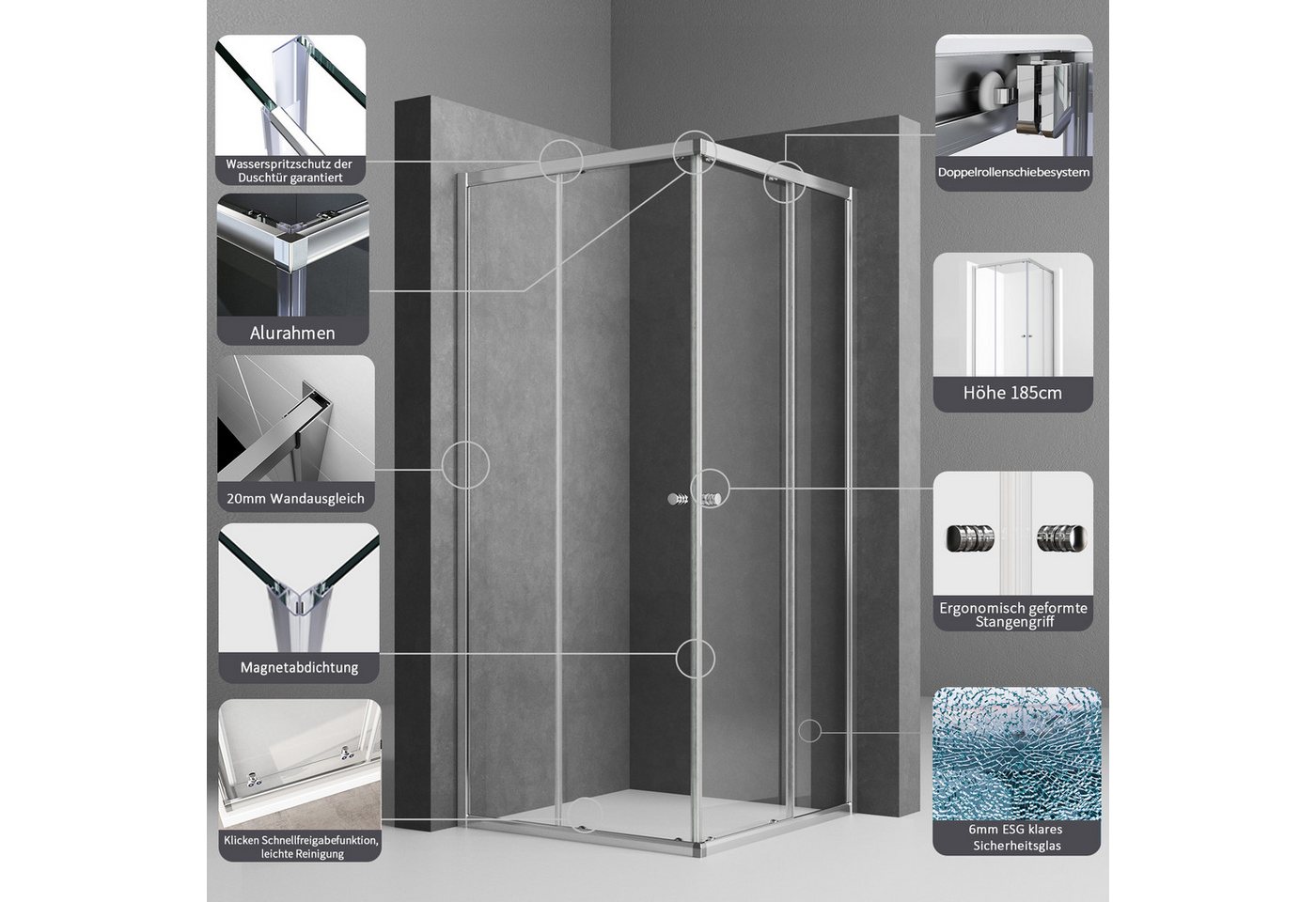 GOEZES Eckdusche Duschkabine 75x90 100x100 90x80 80x80 90x90 75x75 H:185cm, BxT: 75x90 cm, 5mm Sicherheitsglas, Eckeinstieg Dusche mit schiebetüren, Variabel Aluprofil, Schnellfreigabefunktion, Links und Recht montierbar Bild 5