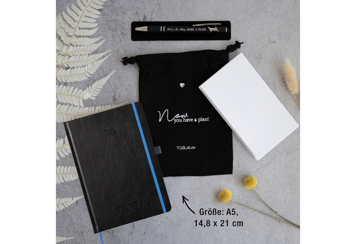 TOBJA Buchkalender Taschenkalender 2026 A5 + Zubehör Essential Kit Set, Terminplaner, Froschtasche, Pen-Loop, Kugelschreiber, Stoffbeutel