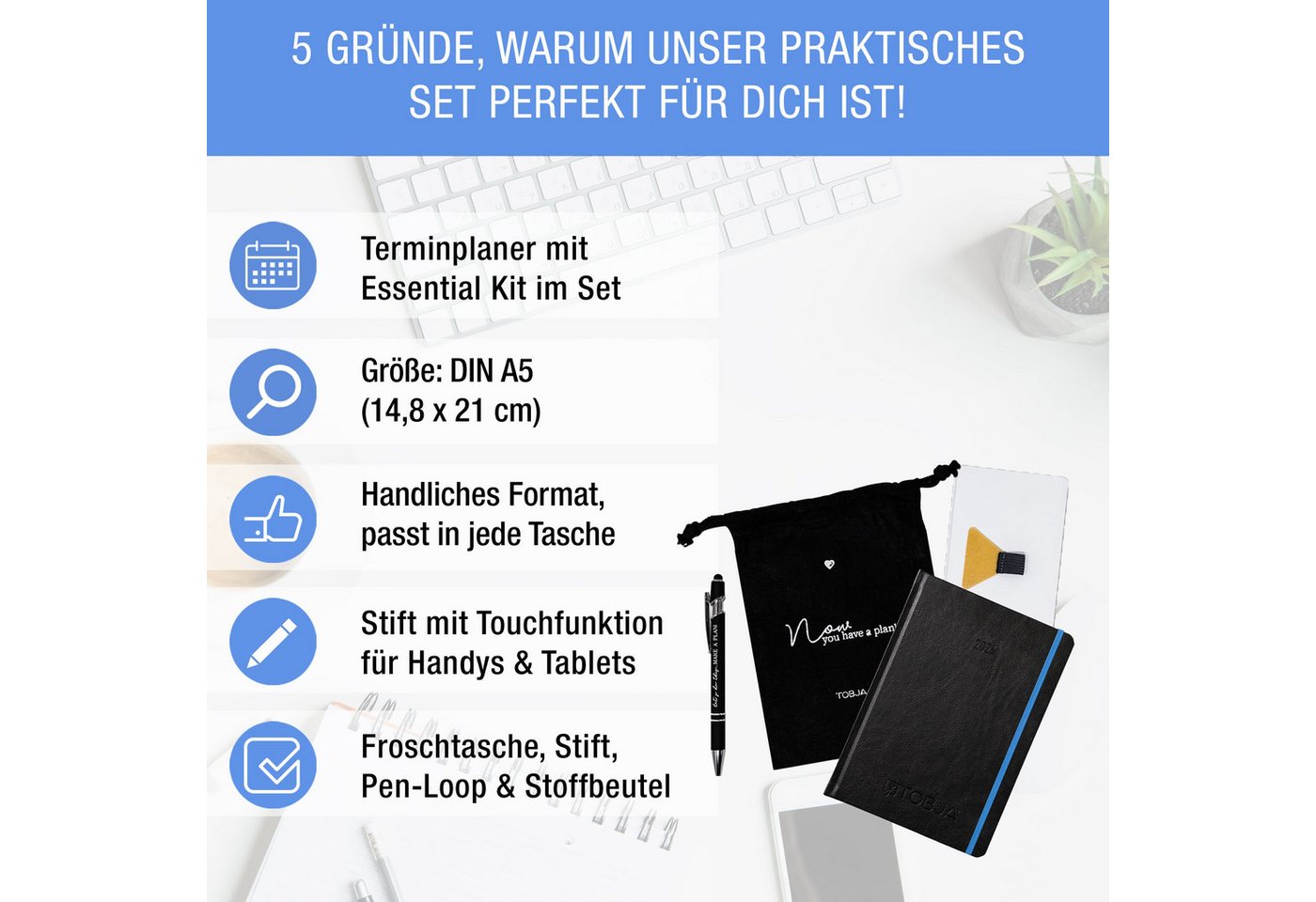 TOBJA Buchkalender Taschenkalender 2026 A5 + Zubehör Essential Kit Set, Terminplaner, Froschtasche, Pen-Loop, Kugelschreiber, Stoffbeutel Bild 5
