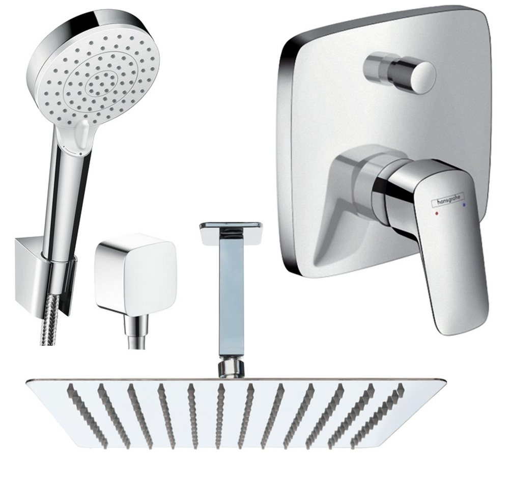 Hansgrohe und Jowi Duscharmatur Logis, Unterputz Duschsystem mit Kopfbrause, Deckenanschluss (Unterputz-Duschsystem, Set) Kopfbrause und Deckenanschluss aus Edelstahl