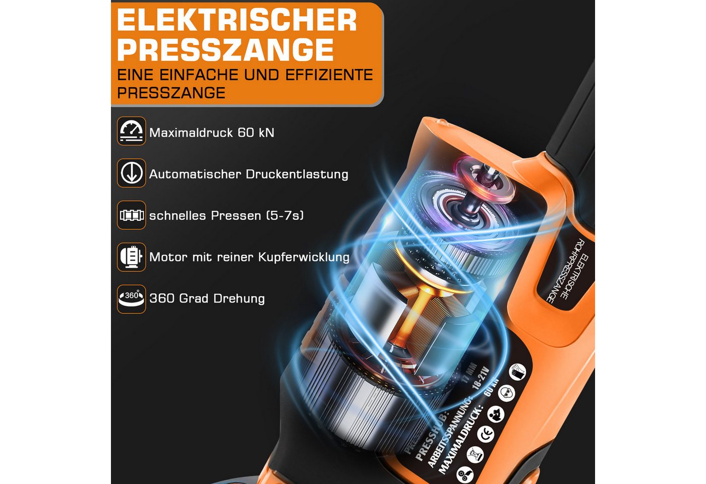 XERSEK Presszange Crimpzange Akku Presszange V-Kontur TH-Kontur Hilfsgurt LCD-Display, 2x5000mAh Akkus, ‌Ein-Mann-Bedienung, Automatische Druckentlastung, Geeignet für Kupferrohre, Edelstahlrohre und Verbundrohr Bild 4