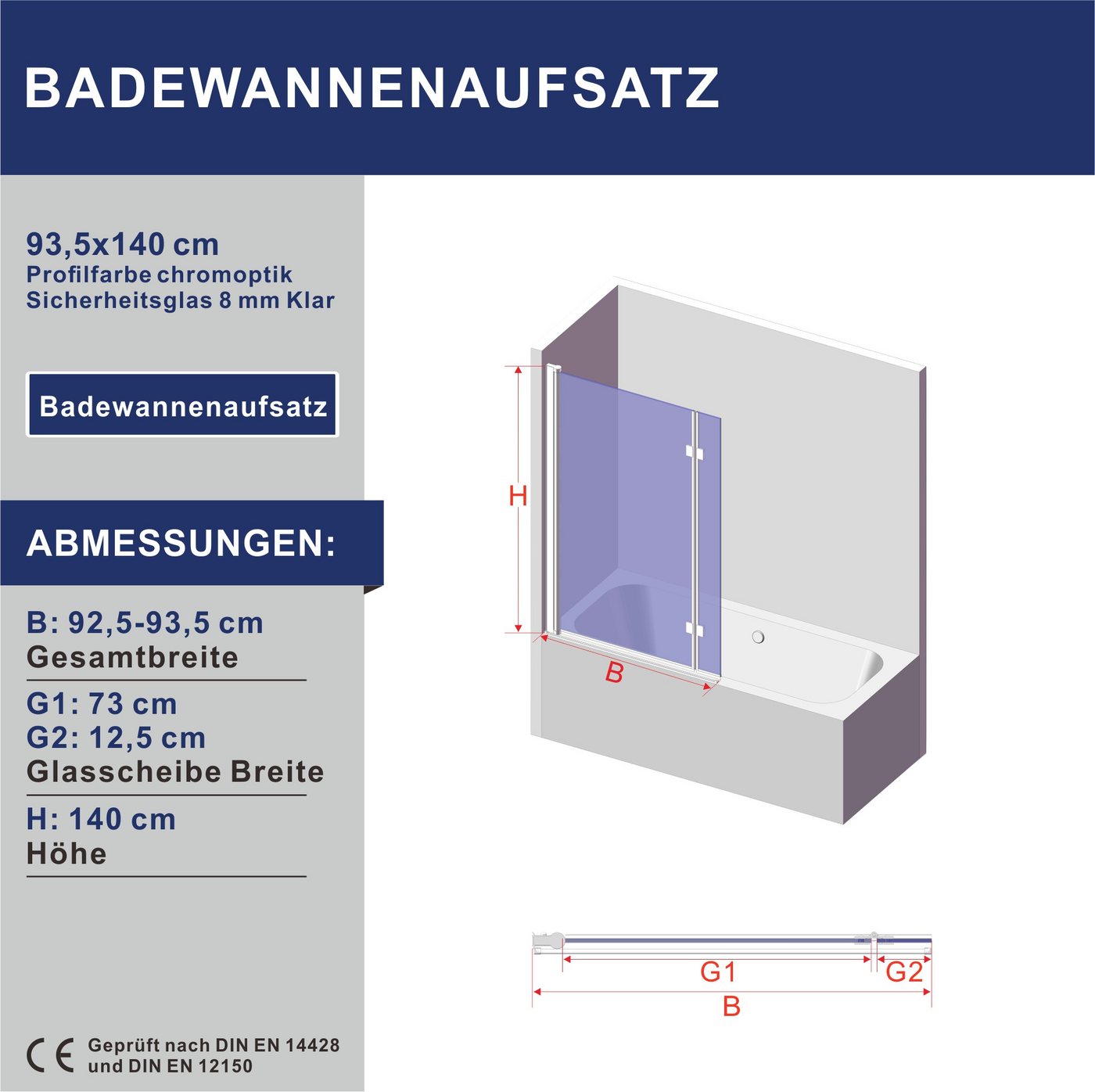 AQUABATOS Badewannenaufsatz Badewannenfaltwand 2-teilig Duschtrennwand für Badewanne L-förmiger, Sicherheitsglas, 8mm Badewannenaufsatz mit Spritzschutzglas,Klarglas,Bohrinstallation
