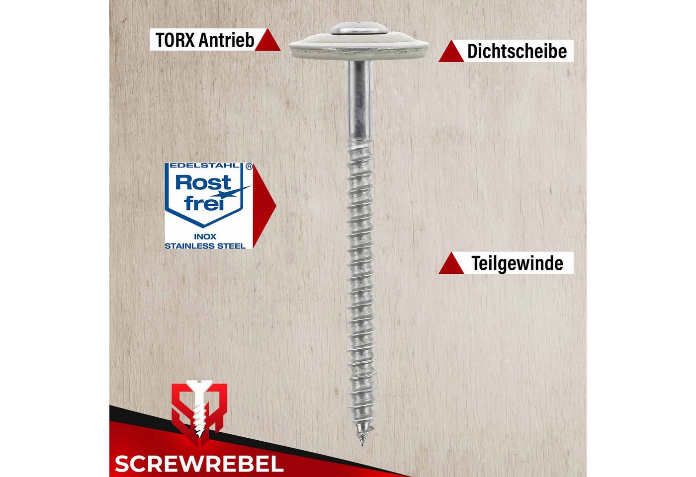 SCREWREBEL Spenglerschraube Edelstahl A2 mit EPDM-Dichtscheibe Ø20mm - TX20, (100 St), Teilgewinde Bild 4