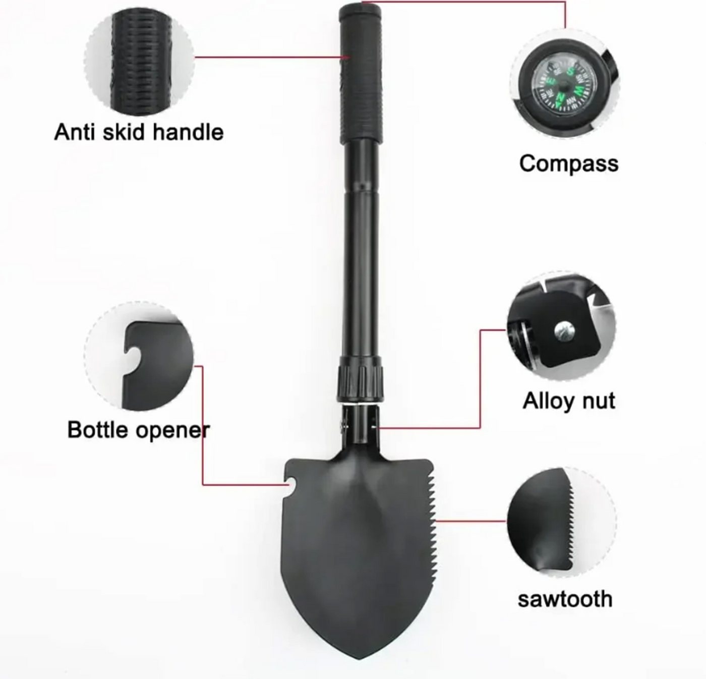 ibettertec Spaten Klappschaufel Multifunktions Klappschaufel 4-in-1 Multifunktions, (Schneeschaufeln Jagen Garten Wandern Camping, 1-St., Mini Schwarz 42cm 4-in-1 Multifunktions), 4-in-1 Multifunktions Klappschaufel 42cm Schwarz Camping Garten Bild 2