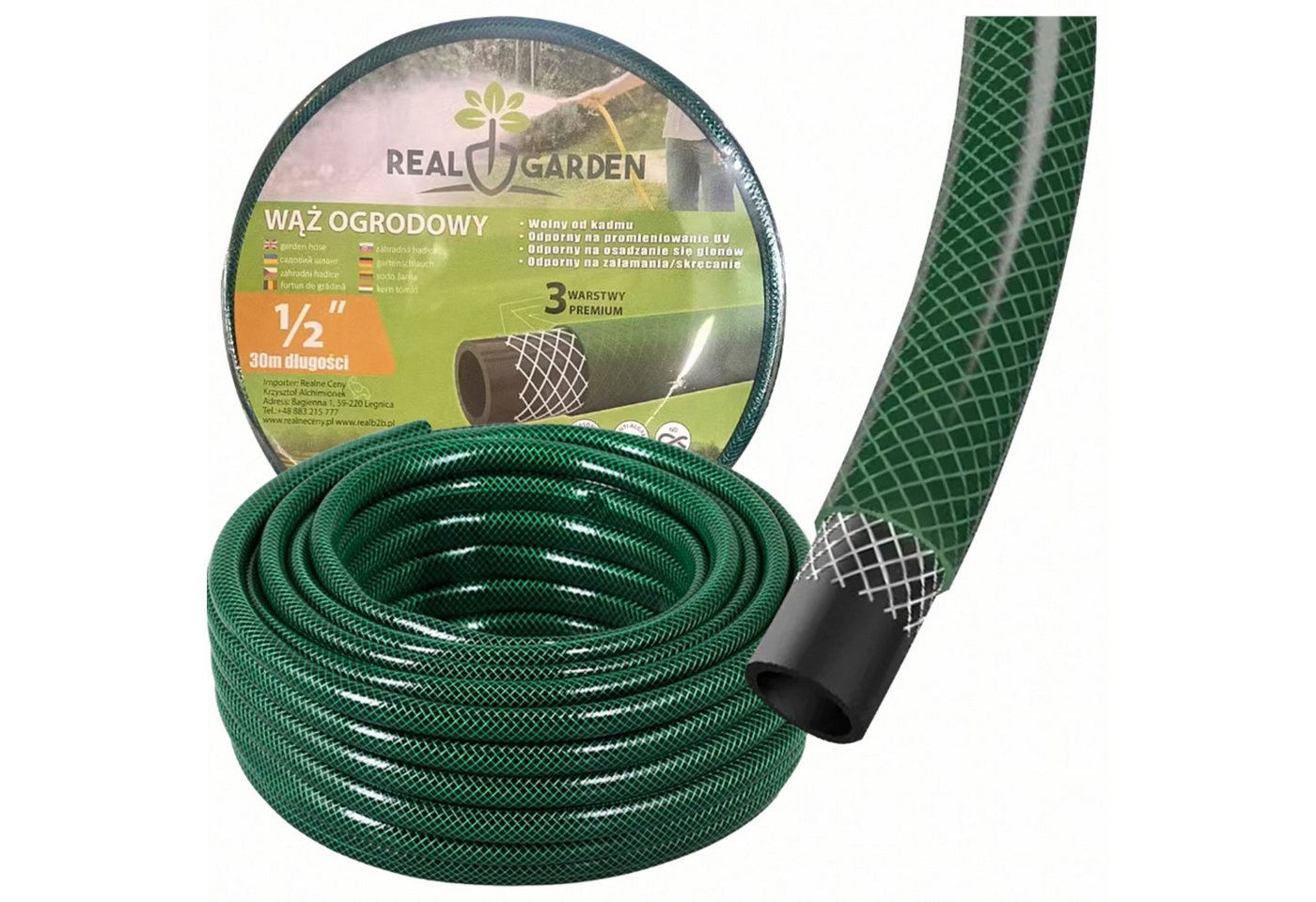 Realb2b Gartenschlauch Gartenschlauch 30m 1/2 Zoll Bewässerungsschlauch Knickschutz Grün, UV-beständig, Algenresistent / Knickarm, (Gartenschlauch Set 3-lagig mit UV-Schutz und Kreuzgewebe-Verstärkung, Wasserschlauch 30 Meter für Gartenbewässerung und Reinigung 1tlg), Knickarmer PVC-Schlauch cadmiumfrei und algenresistent für außen Bild 2