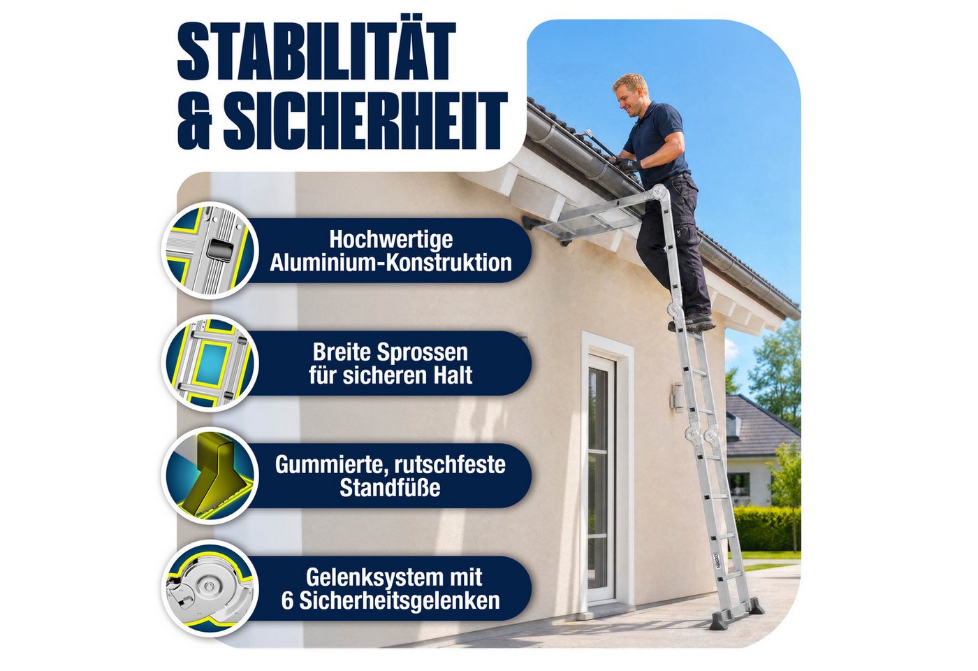 MASKO Vielzweckleiter Aluminium 6in1 Mehrzweckleiter 4x3 Stufen, 360cm, bis 150kg belastbar, multifunktionale Gelenkleiter, Anlegeleiter, Steh- & Treppenleiter Bild 4