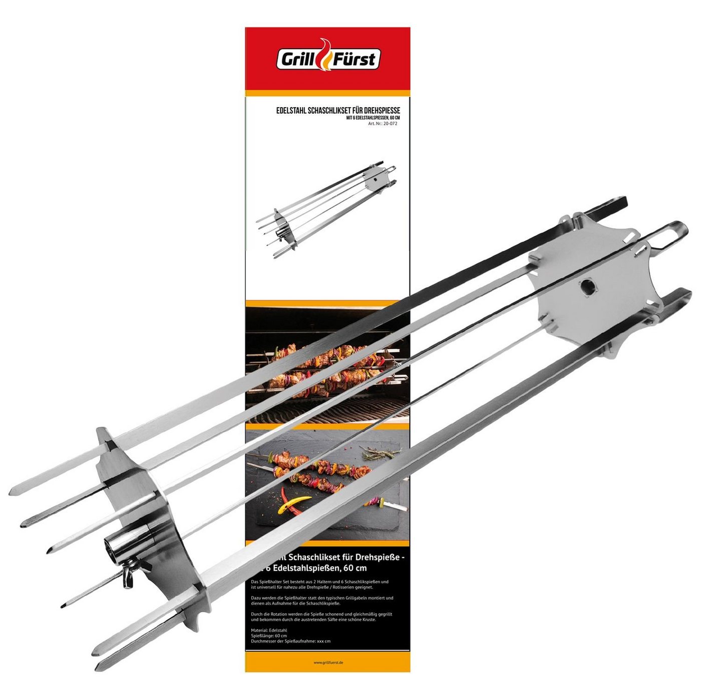 Drehkorb Grillfürst Edelstahl Schaschlikset für Drehspieße - mit 6 Spießen, 60 cm