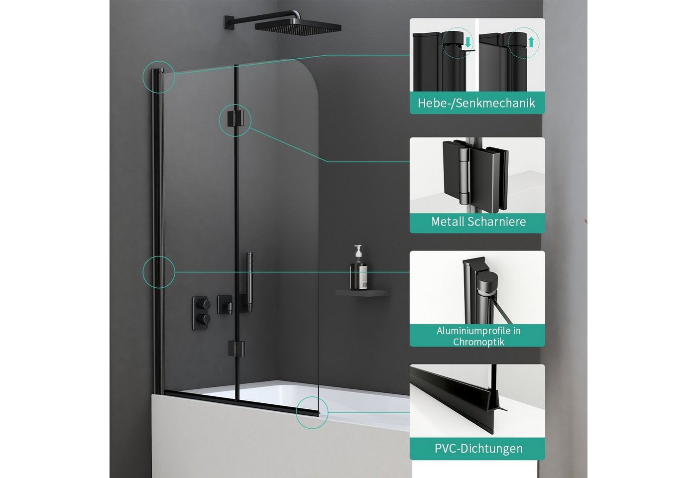 Boromal Badewannenfaltwand Badewannenaufsatz 2 teilig 6mm ESG glas mit Nano 110cm Faltbar Schwarz, 6mm Einscheibensicherheitsglas, Aluminiumprofile, NANO Bild 2