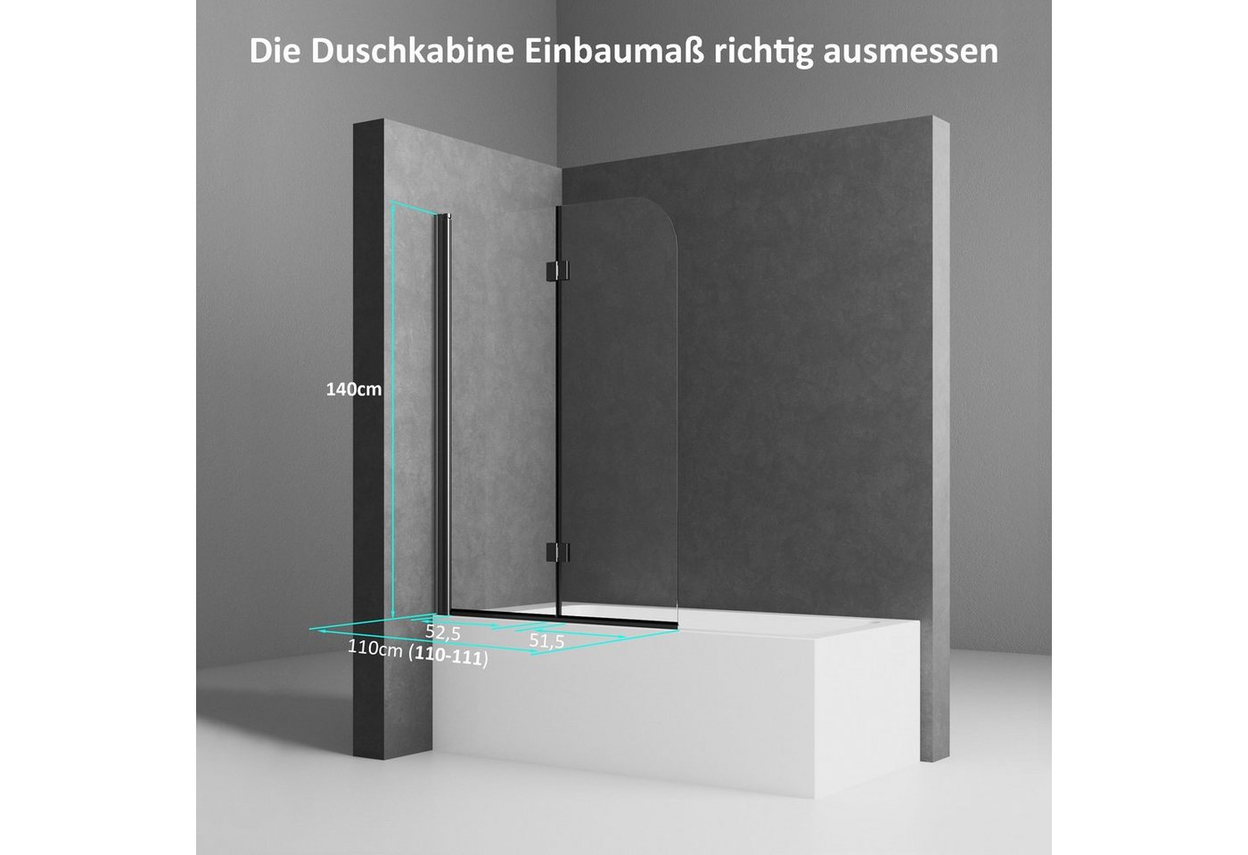 Boromal Badewannenfaltwand Badewannenaufsatz 2 teilig 6mm ESG glas mit Nano 110cm Faltbar Schwarz, 6mm Einscheibensicherheitsglas, Aluminiumprofile, NANO Bild 3