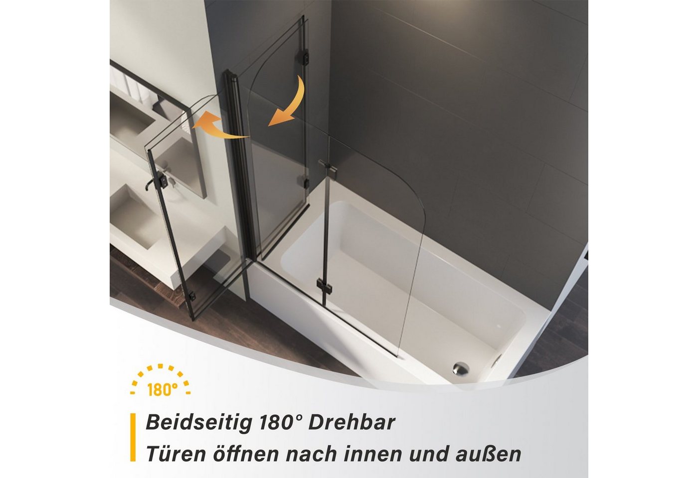 Boromal Badewannenfaltwand Badewannenaufsatz 2 teilig 6mm ESG glas mit Nano 110cm Faltbar Schwarz, 6mm Einscheibensicherheitsglas, Aluminiumprofile, NANO Bild 5