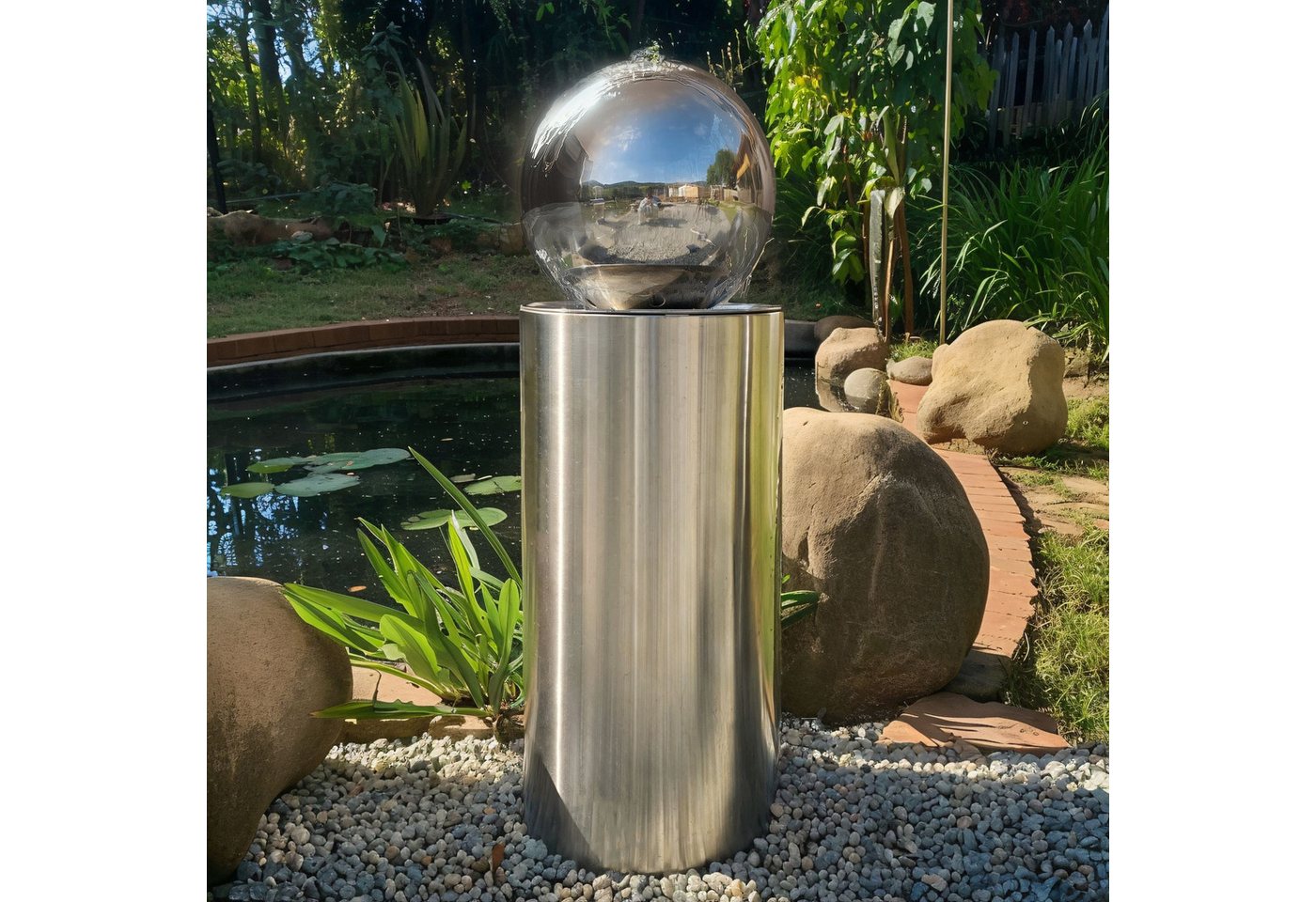 Köhko Gartenbrunnen Kugelbrunnen Ø25cm mit LED auf zylindrischen Edelstahl Eimer H30cm Bild 2