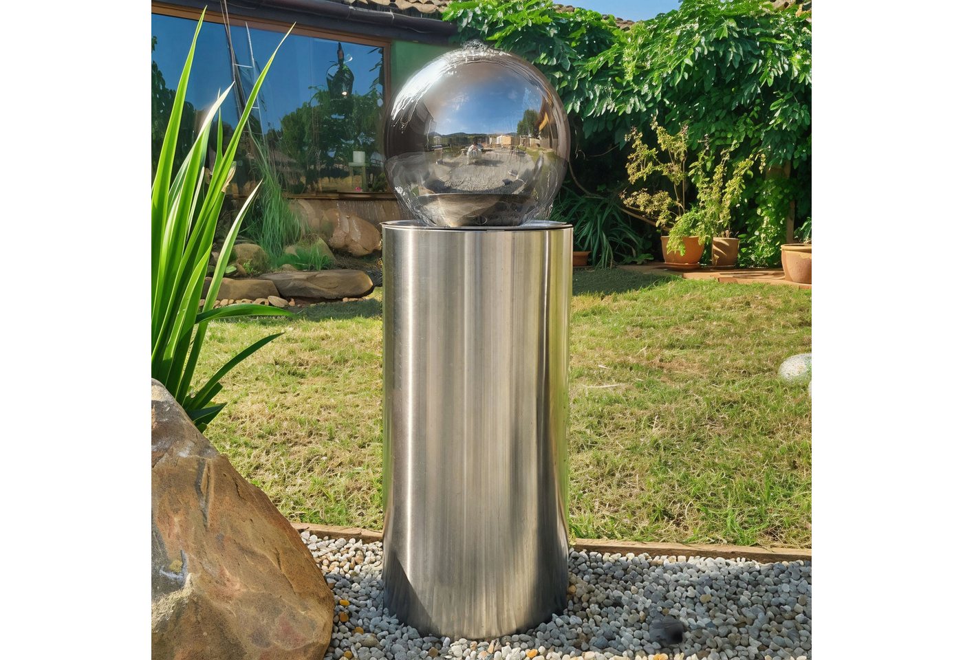 Köhko Gartenbrunnen Kugelbrunnen Ø25cm mit LED auf zylindrischen Edelstahl Eimer H30cm Bild 4