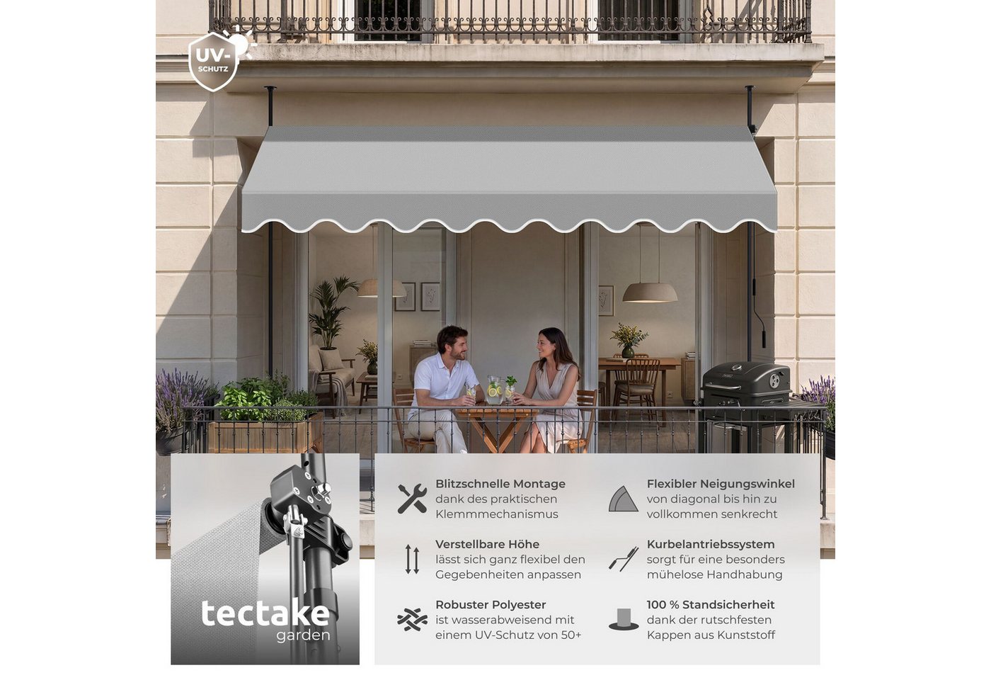 tectake Klemm-Senkrechtmarkise Klemmmarkise mit Handkurbel und bis 90° neigbar, UV-beständig (Sichtschutz/Sonnenschutz, Balkonmarkise für Terrasse und Garten, in hellgrau mit UV-Schutz 50) 180 x 350 x 304 cm, höhenverstellbar 211 - 304 cm, wasserabweisend