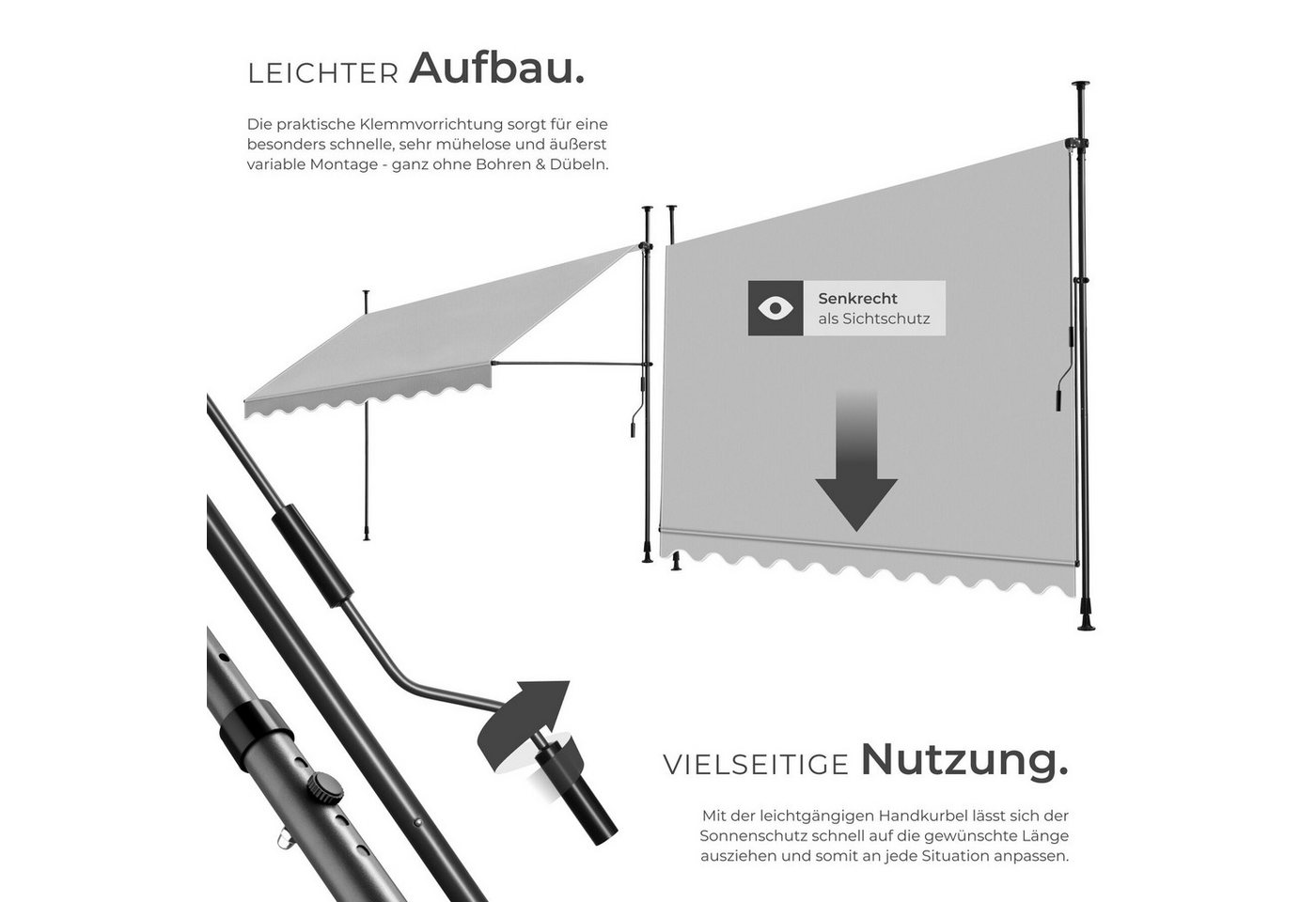 tectake Klemm-Senkrechtmarkise Klemmmarkise mit Handkurbel und bis 90° neigbar, UV-beständig (Sichtschutz/Sonnenschutz, Balkonmarkise für Terrasse und Garten, in hellgrau mit UV-Schutz 50) 180 x 350 x 304 cm, höhenverstellbar 211 - 304 cm, wasserabweisend Bild 4